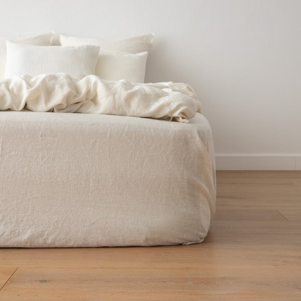 Linen fitted bed sheet in off white. Washed linen bedding. Queen, King linen fitted sheet.