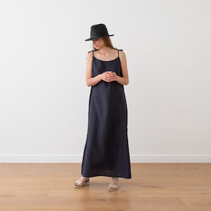 Long Linen Dress Amelia in Anthrazite. Washed linen clothing for woman. A-line silhouette linen dress with shoulder starps and side split