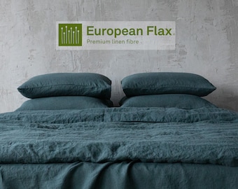 Linen Bedding Set in Balsam Green. Washed Linen Duvet cover & 2 Pillow cases. European flax certified linen bedding in any size. Prewashed