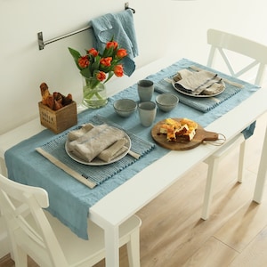Washed Linen Table Runner in Stone Blue. Various colours available. Handmade european linen table runner. Table linens, wedding table runner
