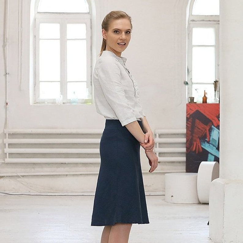 Linen Skirt Indigo Alma *A-Line Knee length *Available in 10 colors *Made of pure linen