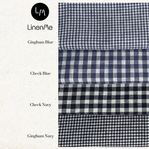 May include: Four fabric swatches in different patterns and colors. The top swatch is a blue gingham pattern, the second is a blue check pattern, the third is a black and white check pattern, and the bottom swatch is a black and white gingham pattern. The text "Linen/Me" is printed on the left side of the image.
