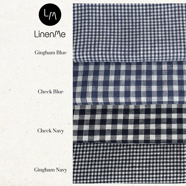 May include: Four fabric swatches in different patterns and colors. The top swatch is a blue gingham pattern, the second is a blue check pattern, the third is a black and white check pattern, and the bottom swatch is a black and white gingham pattern. The text "Linen/Me" is printed on the left side of the image.