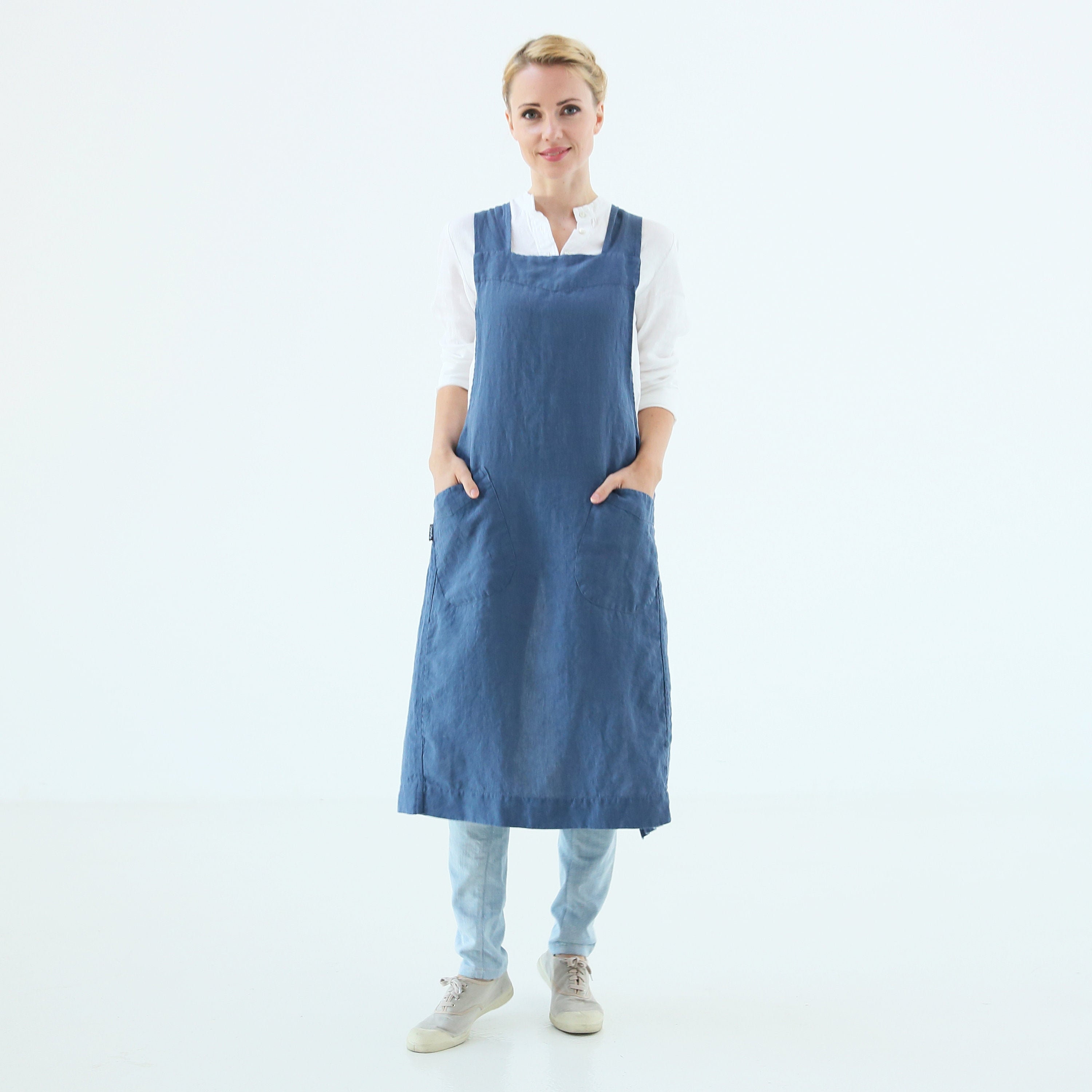  Occasion Gallery Navy Blue 100% Linen Criss Cross Back Apron -  28 x 35 Full Length : Home & Kitchen