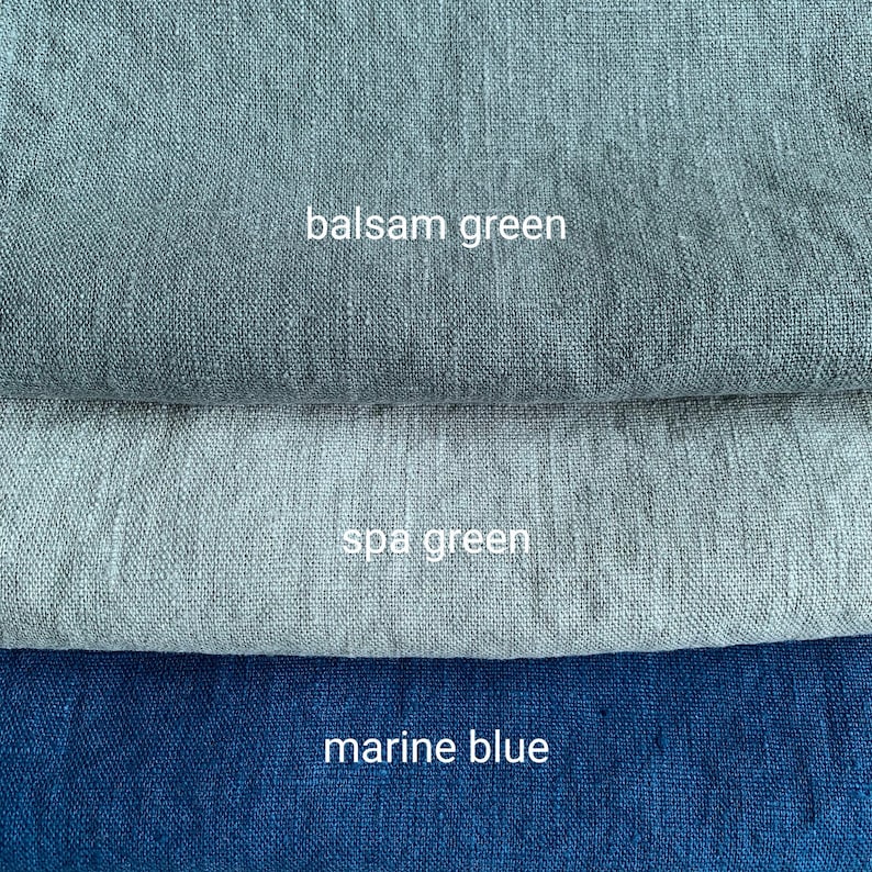 May include: Three fabric swatches in different shades of blue and green. The top swatch is a dark green called "balsam green", the middle swatch is a lighter green called "spa green", and the bottom swatch is a dark blue called "marine blue".