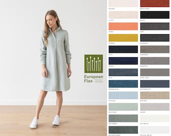 Heavy Weight Linen Dress in Various colors. Linen shirt dress for autumn with long sleeves,  A Shape silhouette and knee length. Camilla