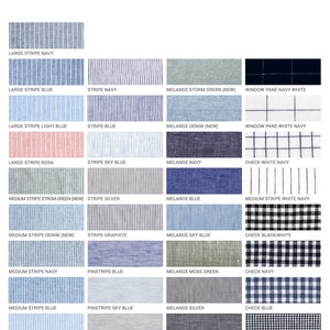 May include: A chart showing different fabric patterns and colors for shirts. The patterns include large stripes, medium stripes, pinstripes, checks, gingham, and window pane. The colors include navy, blue, light blue, sky blue, silver, graphite, green, pink, and white.