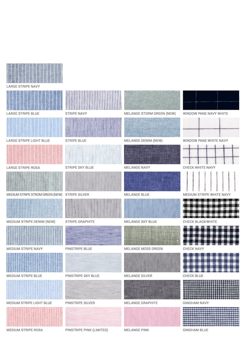 May include: A chart showing different fabric patterns and colors for shirts. The patterns include large stripes, medium stripes, pinstripes, checks, gingham, and window pane. The colors include navy, blue, light blue, sky blue, silver, graphite, green, pink, and white.
