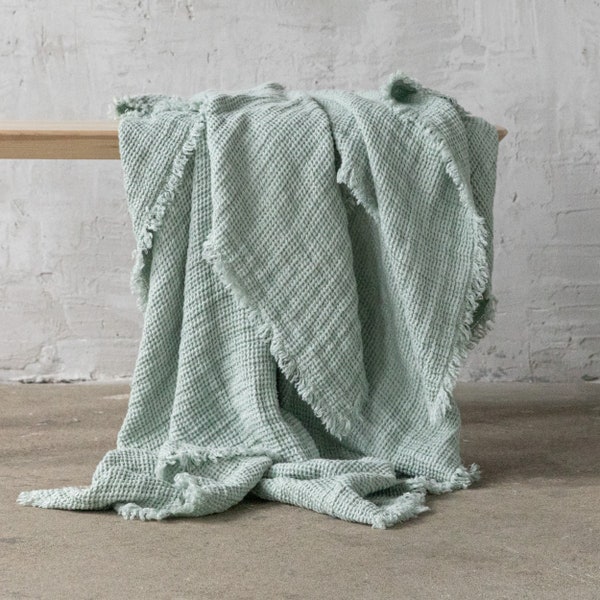 Waffle Linen Throw Blanket in Sea Foam With Hand Made Fringes. Twin, Queen, King linen blanket. Summer throw for terrace or beach in green