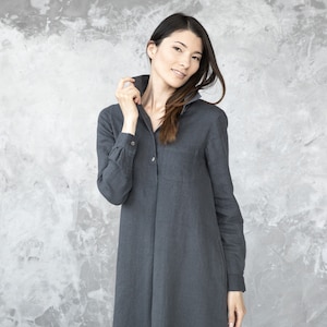 Heavy Linen Dress in Charcoal, Grey. Linen clothing for women in various colors. A Shape silhouette, long sleeves, knee lenght. Camilla