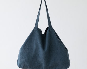 Linen Shopping Bag in Blue, Linen Market Bag, Linen Hand Bag, Linen Tote bag, Washed Linen beach bag. READY TO SHIP. Gift for her