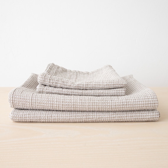 Natural Linen Waffle Kitchen Towels, Hand Towels Set With Loop