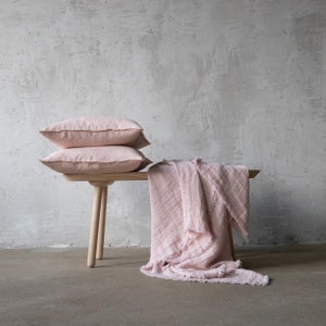 Waffle Linen Throw Blanket in Rosa, Pink With Hand Made Fringes. Twin, Queen, King linen blanket. Any Size Blanket. image 4