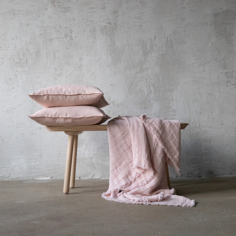 Waffle Linen Throw Blanket in Rosa, Pink With Hand Made Fringes. Twin, Queen, King linen blanket. Any Size Blanket. image 4