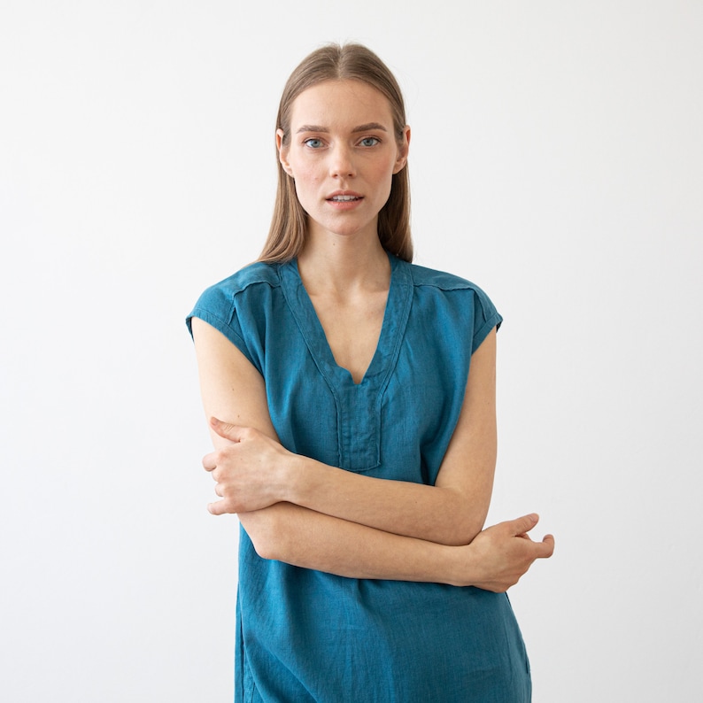 Linen Dress Sea Blue. Washed linen clothing. Sleeveless summer linen dress. Linen tunic dress. image 6