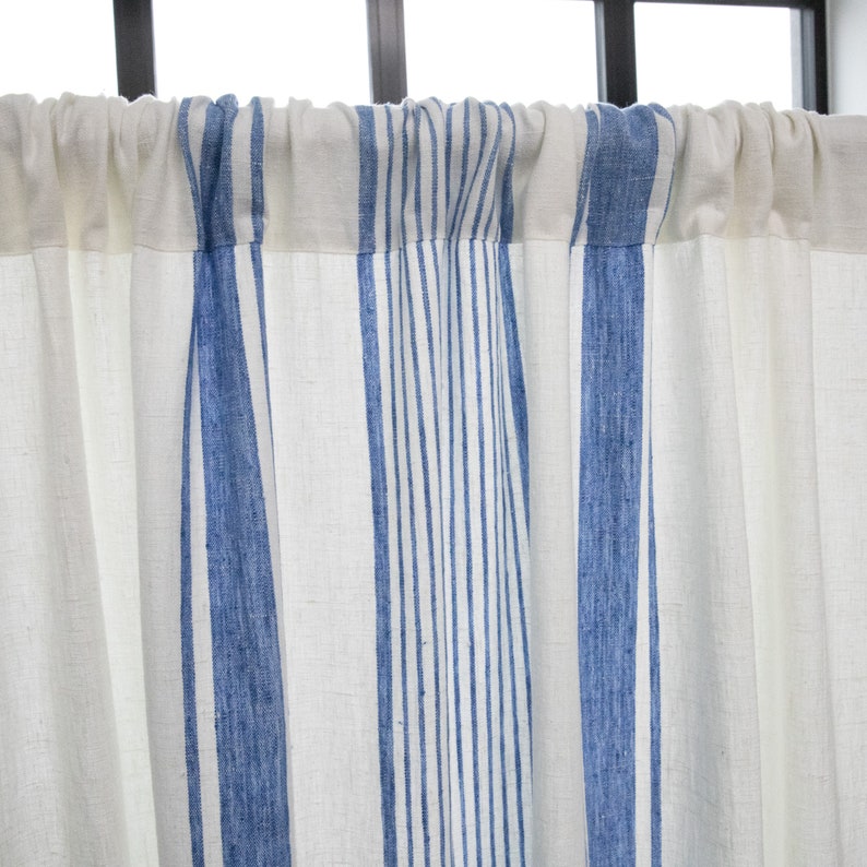 Heavy Linen Rod Pocket Curtain Panel, Washed, White Blue Stripe. Pure European linen. Curtain for window or doors. Custom size available image 4