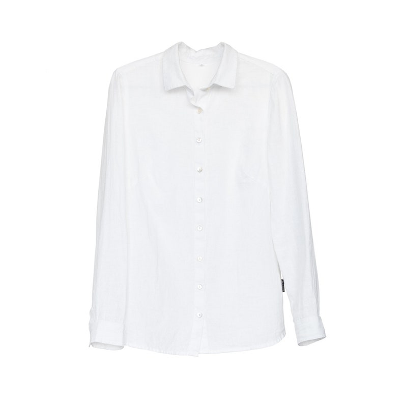 White Linen Collar Shirt for Woman. Loose-fitting shirt with full-length buttoned opening. Long sleeve shirt. image 3