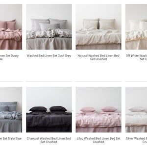 May include: A collection of eight linen bed sets in various colors, including dusty rose, cool grey, natural, off white, slate blue, charcoal, lilac, and silver. Each set features a duvet cover, pillowcases, and a flat sheet. The linen is washed and has a slightly wrinkled, or "crushed", texture.