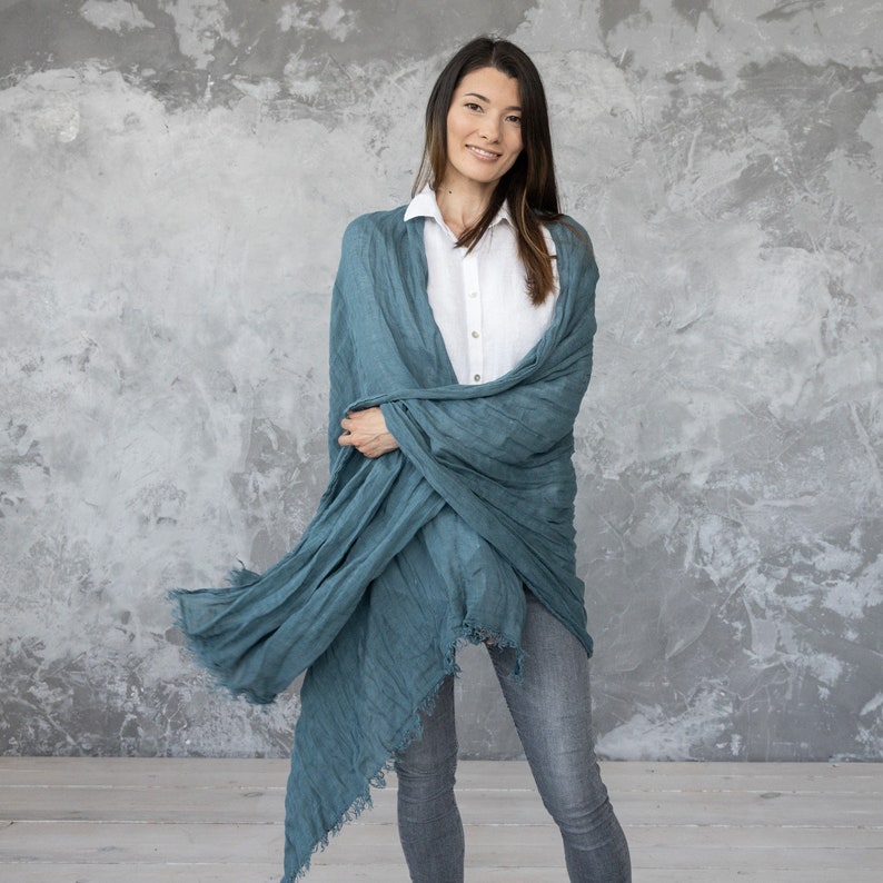 Washed Linen Shawl Wrap in Balsam Green Garza. Hand Made Fringes, European linen. Size 100 x 200 cm READY TO SHIP. Available in 14 colors. image 7