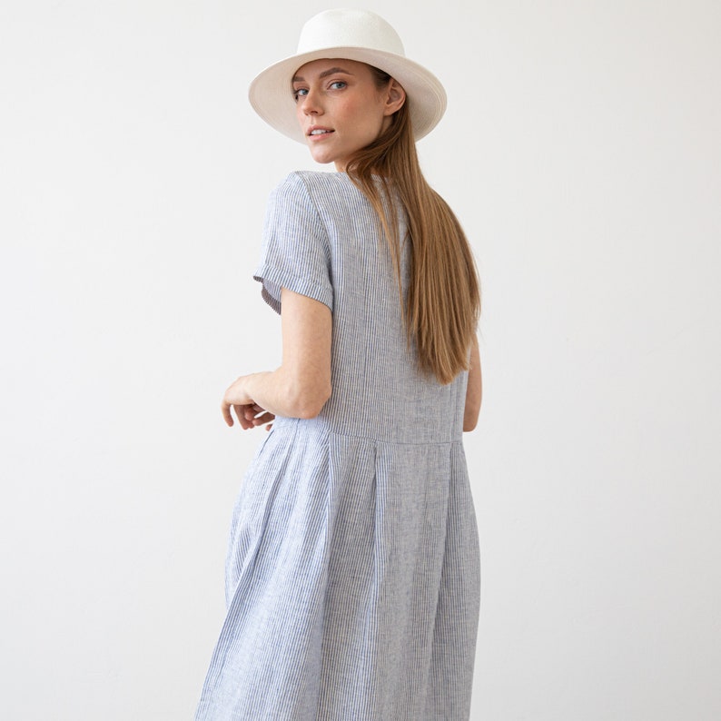 Loose Dress with Short Sleeves and Pockets in Striped Linen. Washed and soft linen dress. Summer Linen Dress. Available in 8 Colors. image 8