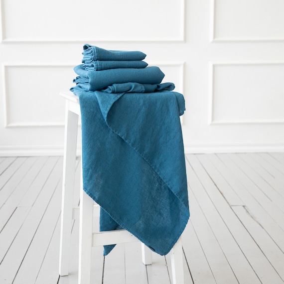 Linen Waffle Towels in Sea Blue Towel Set Bath Towel Hand Towel