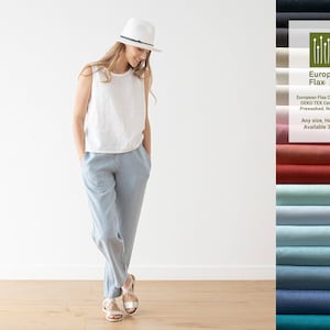 Loose linen pants Emma with elastic waistband. Washed women linen trousers. Slightly tapered linen pants available in 25 colors