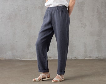 Loose Linen Pants Emma With Elastic Waistband Dark Grey