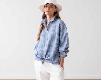 Long Sleeve Oversize Linen Stripe Shirt. Loose-fitting shirt with button opening. Linen clothing. linen shirt Various colours, patterns.