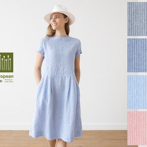 Loose Dress with Short Sleeves and Pockets in Large Striped Linen. Washed and soft linen dress. Summer Linen Dress. Available in 4 Colors.