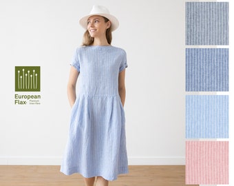 Loose Dress with Short Sleeves and Pockets in Large Striped Linen. Washed and soft linen dress. Summer Linen Dress. Available in 4 Colors.