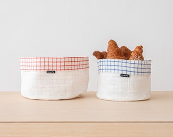Cesta de pan de tela de lino Gingham, Almacenamiento de alimentos orgánicos,, Decoración de mesa, Regalo de lino, Regalo de Navidad.