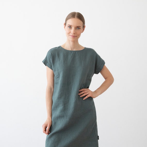 Linen Dress Short Sleeves With Pockets Balsam Green. Loose-fitting Dress.  European Linen Certified. Washed and Soft Linen Dress. - Etsy