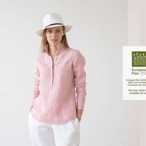 Long Sleeve Linen Shirt Striped various colors. Loose-fitting linen shirt for woman with half-length buttoned opening.