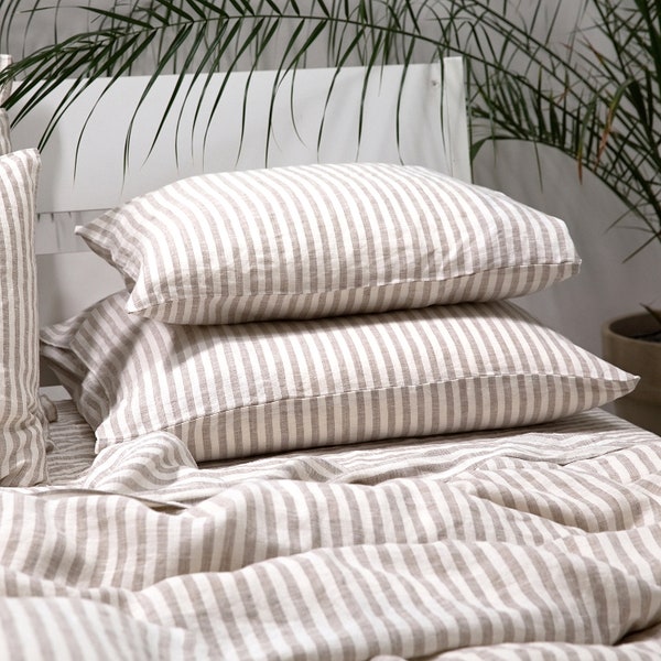 Ticking Striped Linen Pillow Case Natural * Standard, Euro, King and other sizes * Washed 100% European linen, Envelope Style