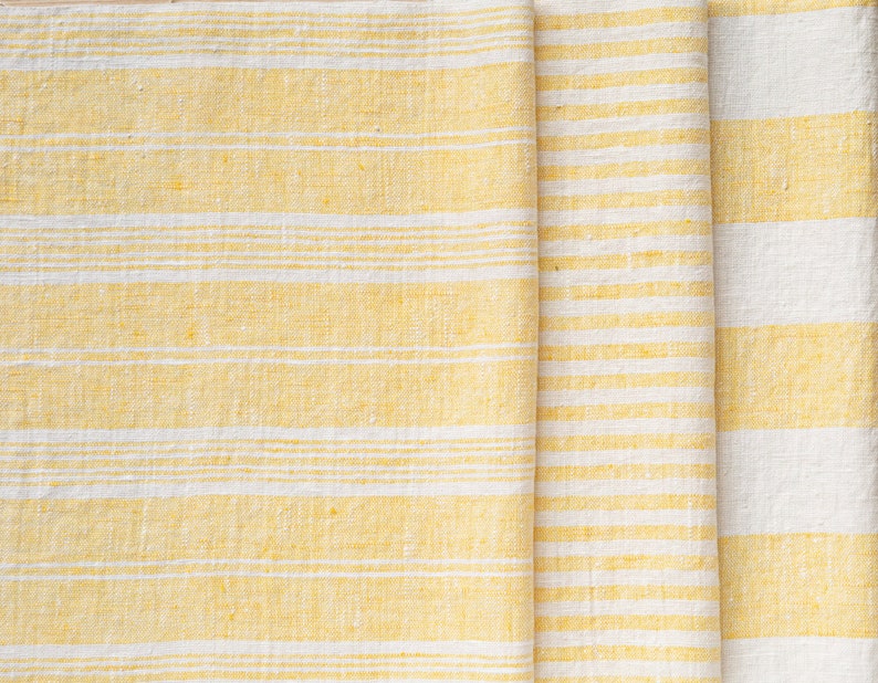 Heavy Weight Striped Linen fabric by the meter in Yellow White. 260 gr/m2, 140cm width. Linen fabric for decor pillows,upholstery,curtain image 1