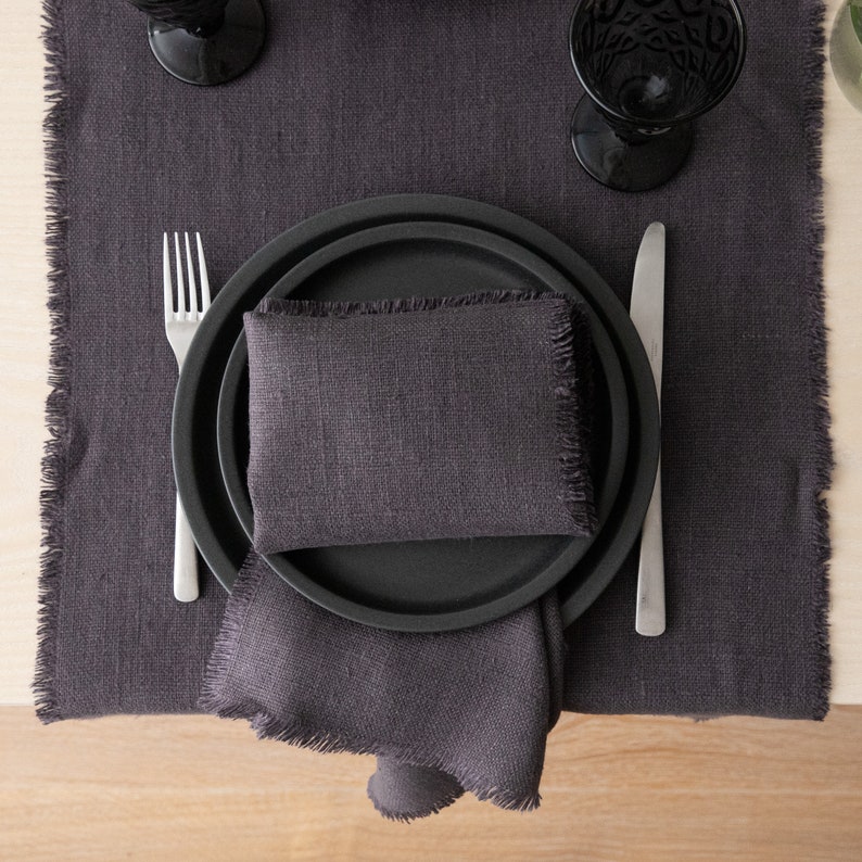 Rustic Linen Table Runner in Grey, Hand Made with fringes, Heavy Washed linen, Any Length, Christmas Table Linen image 3