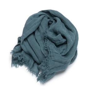 Washed Linen Shawl Wrap in Balsam Green Garza. Hand Made Fringes, European linen. Size 100 x 200 cm READY TO SHIP. Available in 14 colors. image 9