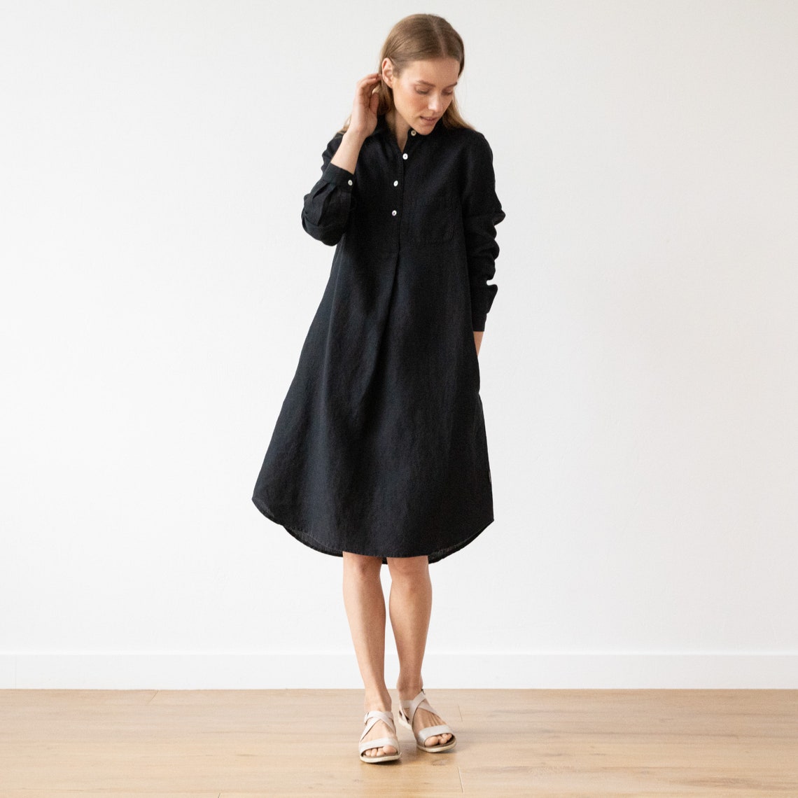 Washed Linen Shirt Dress in Black. Linen Clothing for Women in - Etsy