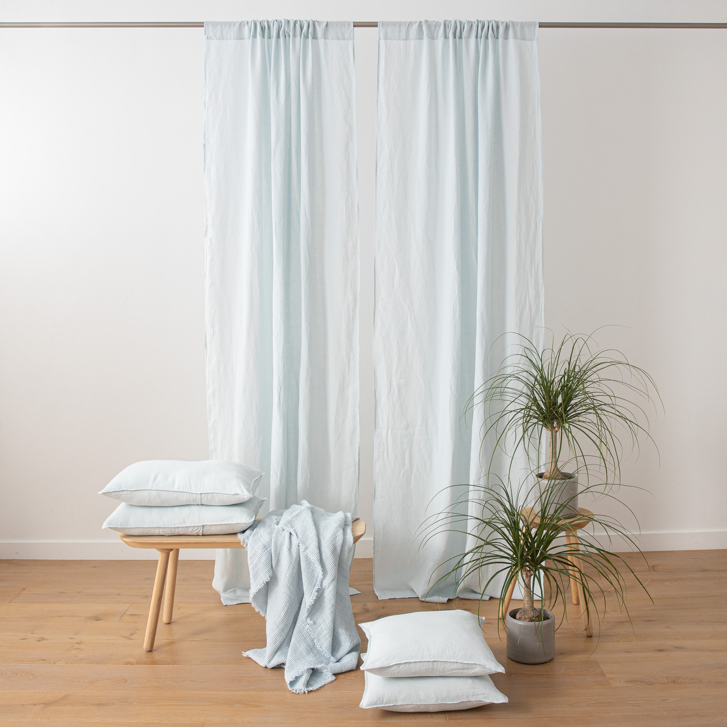 Rod Pocket Linen Curtain Panel Ice Blue Washed Semi-Sheer European flax certified linen, Curtain for window or doors * Custom size available
