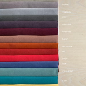 May include: A fabric swatch card with 15 different colors, including optical white, latte, mauve, steel grey, grey, aubergine, burgundy, brown, terra cotta, red, coral, blue, moss green, green, and yellow.
