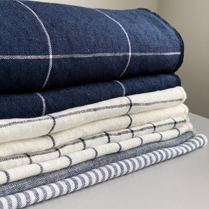 Sample Set of White Navy Striped and checked linen fabric. Linen fabric swatch.