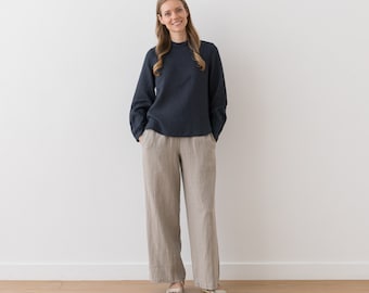 Linen Blouse with Long sleeves in Anthracite. Linen Clothing for woman.