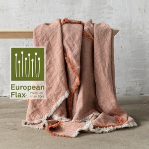 Linen Throw Blanket in Brick. Basket weave linen, fringed, European linen. Twin, Queen, King size. Any size up to 108&quot; Linen Bed Cover.