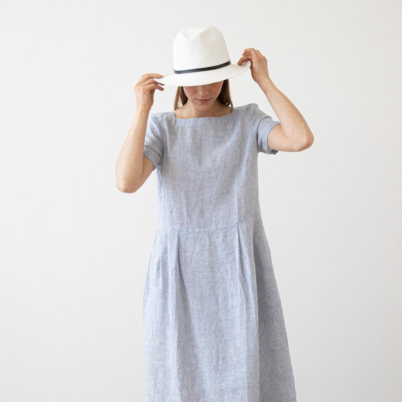 Loose Dress with Short Sleeves and Pockets in Striped Linen. Washed and soft linen dress. Summer Linen Dress. Available in 8 Colors. image 7