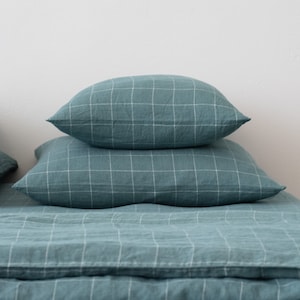 Washed Linen Pillow Case Arctic Check, Widow Pane, Plain design. Linen Standard, Queen, King, Custom sizes. Envelope style, European linen