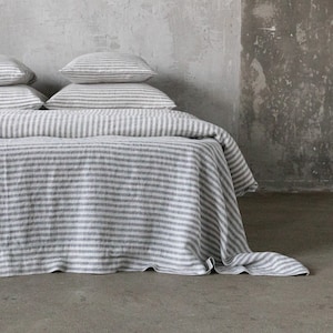 Ticking Striped Linen Flat Sheet in Graphite * Queen, Twin, King and other sizes * Washed 100% European linen