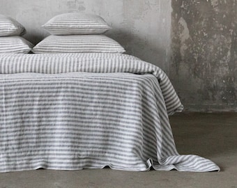 Ticking Striped Linen Flat Sheet in Graphite * Queen, Twin, King and other sizes * Washed 100% European linen