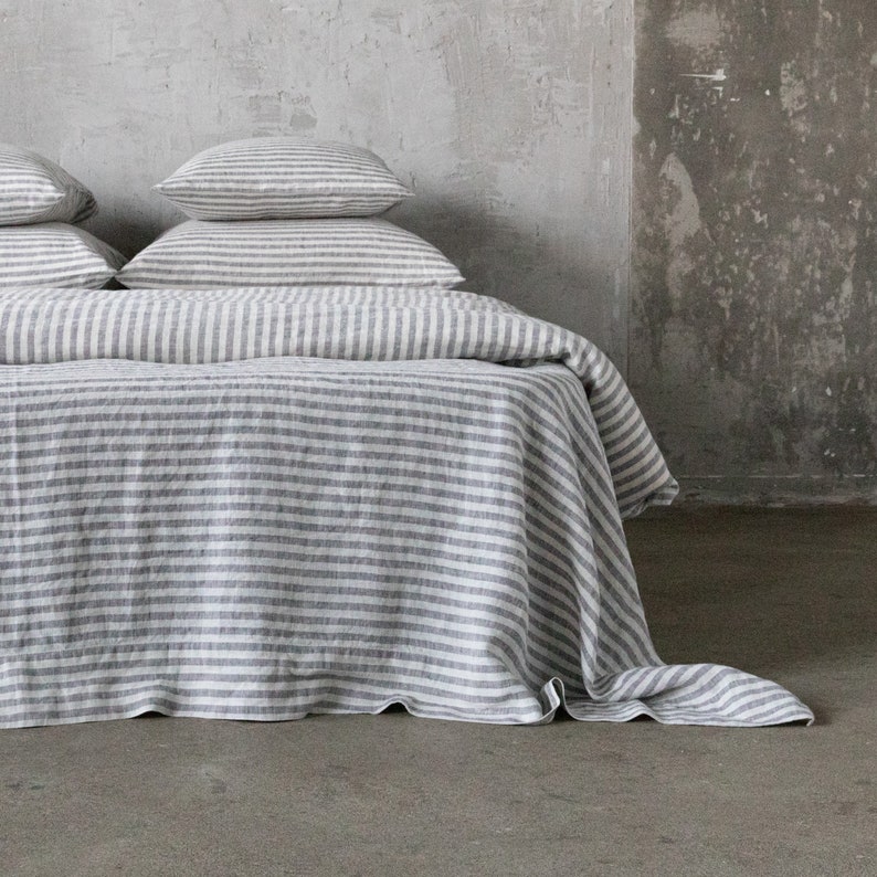 Ticking Striped Linen Flat Sheet in various colors. Queen, Twin, King washed linen bedding. Striped top linen sheet for farmhouse. image 6