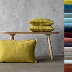 Washed rustic linen pillow cover with hand made fringes various colors. Heavy weight natural linen euro pillow covers with buttons.