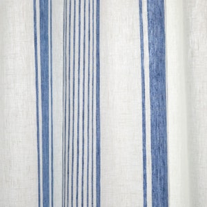 Heavy Linen Rod Pocket Curtain Panel, Washed, White Blue Stripe. Pure European linen. Curtain for window or doors. Custom size available image 5